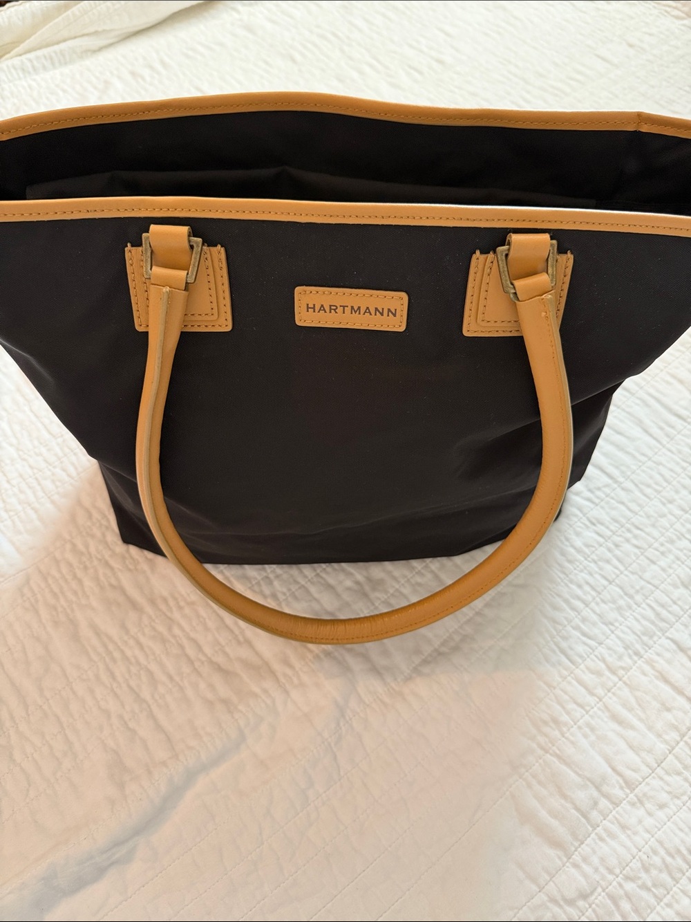 Hartmann Black Tote with Tan Leather Trim